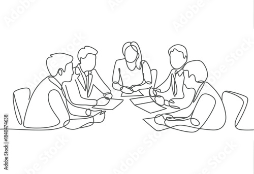 One line drawing of collaborative business team meeting showing team members exchanging ideas, planning projects