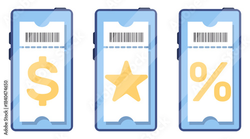 Electronic vouchers on your smartphone screen. Discount coupons with star, dollar sign and percentage. Barcode certificates. Digital tickets. Mobile application. Phone displays vector set