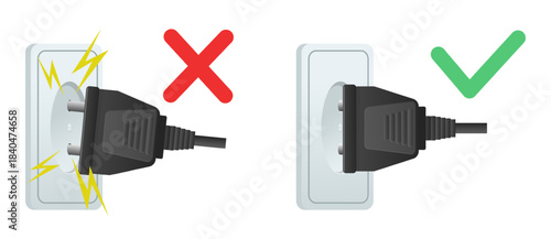 Electrical plug connected to outlet. Correct and incorrect connection of device to mains. Short circuit danger. Socket with electricity sparks. Unsafety electric connector. Vector concept