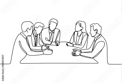 One line drawing of collaborative business team meeting showing team members exchanging ideas, planning projects