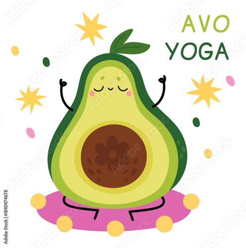 Cute happy avocado card. Cartoon character meditating. Happy vegetable sitting in lotus asana. Yoga training. Green fruit with seed. Avo meditation. Sport exercise. Vector yogi banner