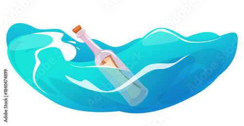 Bottle with letter inside is floating in sea. Ocean water wave. Help message for help from shipwrecked person. Nautical SOS note. Parchment scroll mail. Notice container. Vector concept