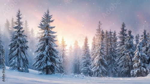 Wallpaper Mural A tranquil winter landscape with snow-covered trees and a soft, glowing sunrise in the background, creating a serene atmosphere. Torontodigital.ca