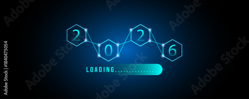 2026 Loading Progress Futuristic Neon Design for technology themes, New Year concepts, future innovation, digital transformation, and countdown graphics.
