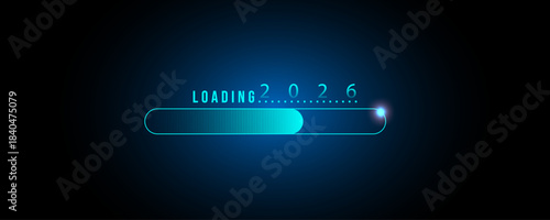 2026 Loading Progress Futuristic Neon Design for technology themes, New Year concepts, future innovation, digital transformation, and countdown graphics.
