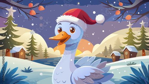 Charming winter portrait of a festive goose wearing a Santa Claus hat, standing in a snowy landscape with soft falling snowflakes, creating a playful and heartwarming holiday atmosphere