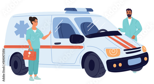 Team of doctors in ambulance man and woman respond to call. Paramedic providing first aid. Health care and medicine. Hospital vehicle. Physician and nurse. Auto minivan. Vector concept
