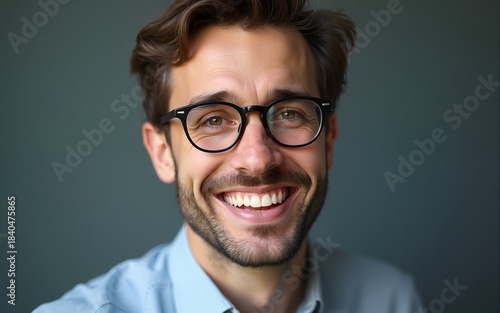 Business man with eyeglasses on, showing happy friendly smile as if willing to share his ideas. High quality