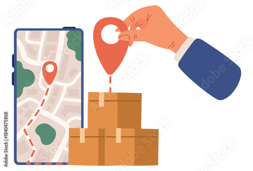 Smartphone with city map. Cardboard boxes and hand with geotag. Roadmap route. Logistic location pin. Courier express shipping service. Vector concept for online ordering and delivery