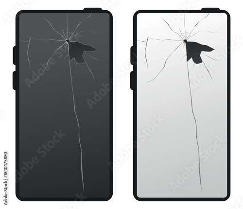 Smartphone screen cracked from impact or fall. Broken or faulty phone display. Shattered blank touchscreen with fissures. Mobile repair. Cellphone damage. Vector realistic objects set