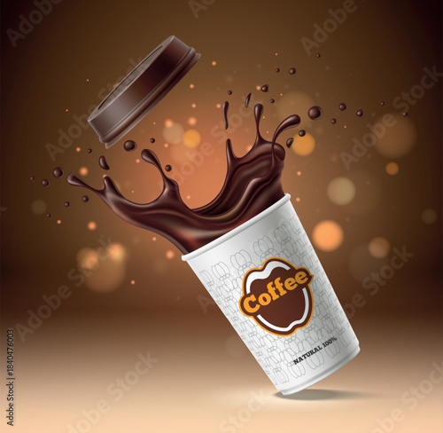 Realistic coffee splashes from disposable cardboard cup for hot drinks with plastic lid. Caffeine beverage drops. Liquid swirl splatters. Expresso mug fall and spill. Vector object mockup