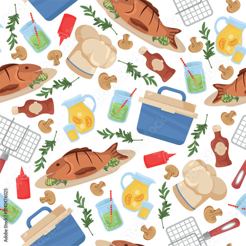 Picnic in nature seamless pattern. BBQ food, Fried fish with mushrooms. Cold drinks. Portable cooler. Repeated print. Lemonade glass jug. Grilled seafood on grid. Vector background