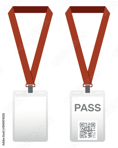 Pass in transparent plastic sleeve with QR code. ID card template design for presentation. Business identification label. Office event tag. Pass holder. Vector isolated objects set