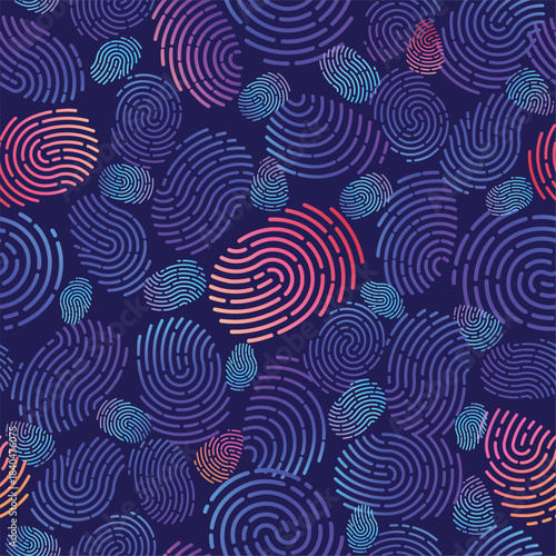 Neon prints of human fingers on dark background. Fingermarks seamless pattern. Multicolored gradient thumbprints. Biometric verification. Thumbprints scanning. Vector repeated print