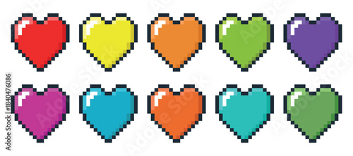 Multicolored pixel hearts. Love shape. 8 bit computer graphic icon of retro arcade game play life. Pixelated Valentines day 80s sign. Romance and passion. Vector color flat symbols set