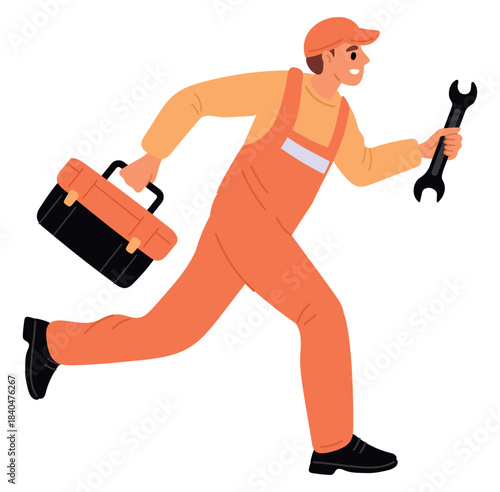 Locksmith or plumber with toolbox and wrench rushes to call. Workman providing emergency repair assistance. Repairman professional service. Running man with toolkit. Vector concept