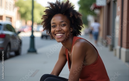 Unhappy young black lady sitting on street, need work. High quality