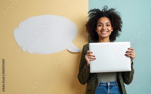 Composite photo collage of happy businesswoman hold laptop message correspondence money income freelance isolated on painted background. High quality