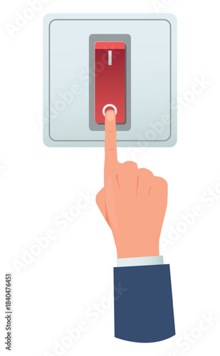 Hand presses switch with its finger. Turning electricity on and off. Electric power toggle button. Electrical voltage start turner. Electrical amperage regulator knob. Vector concept