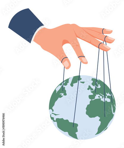 Hand holds Earth on strings from its fingers. Global manipulation. Worldwide domination. Countries at puppet threads. Puppeteer manipulating globe. Vector concept of secret control of world