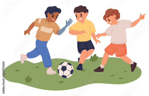 Cheerful boy with prosthetic arm happily plays soccer with his friends. Disabled player with artificial hand. Sport competition. Children running. Inclusive championship. Vector concept