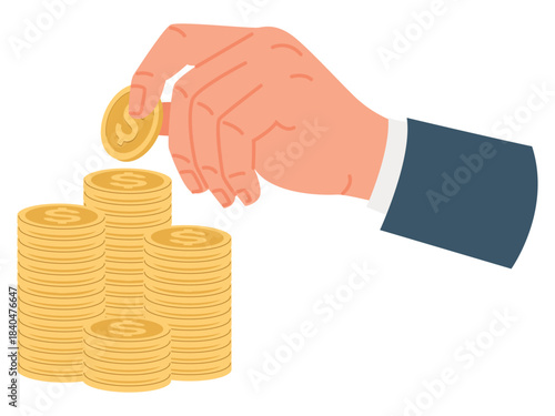 Businessmans hand stacks gold coins. Money income savings. Business finance success. Financial deposit. Cash fund. Earnings collect. Vector concept of investment or capital accumulation