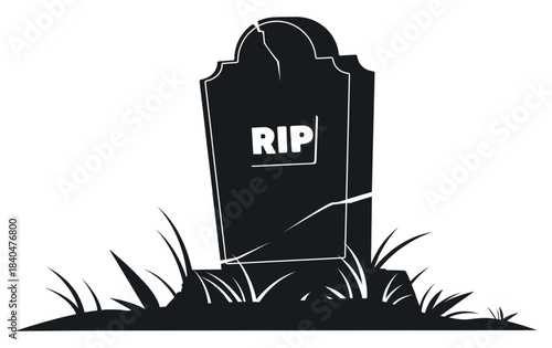 Ancient stone grave monument. Black silhouette of gravestone overgrown with grass. Halloween graveyard decor. Tombstone obelisk with fissures. Burial headstone. Vector gothic memorial