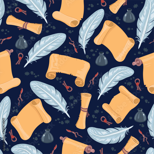 Ancient paper scrolls seamless pattern. Quill and glass ink bottles. Feather pen. Letter message. Document page. Repeated print. Inkwell for writing on parchment sheets. Vector background
