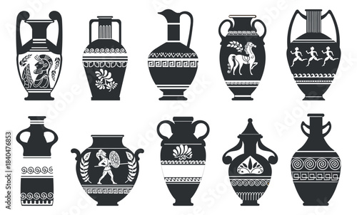 Ancient Greek vases of various shapes with national ornaments. Historical pottery. Vessels with Roman patterns. Archaeological crockery. Vector set of silhouettes of antique tableware