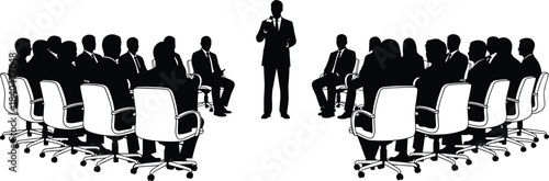 Black silhouette of a male speaker giving a presentation to an audience of business people sitting in office chairs, symbolizing a conference or seminar vector illustration.