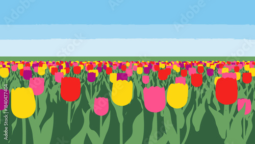 A vibrant field of colorful tulips in red, yellow, and pink under a clear blue sky, stretching towards the horizon.