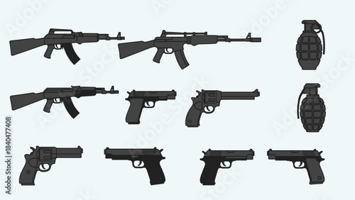 Set of military assault rifles and handguns with bullets including an AK-47 silhouette and sniper weapon vector illustrations isolated on a white background