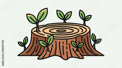 A cartoon illustration of a tree stump with new green sprouts growing, symbolizing regrowth and nature's resilience.