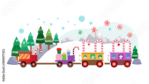 A cheerful Christmas train puffing candy-cane smoke as it travels through sugar mountains, lollipop trees, and glowing gumdrop tunnels.