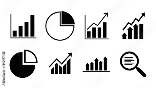 A collection of various business and financial chart icons, including bar graphs, pie charts, and a magnifying glass for analysis.