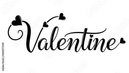 A stylized black cursive text spelling out "Valentine" with small heart shapes adorning the letters, set against a white background.