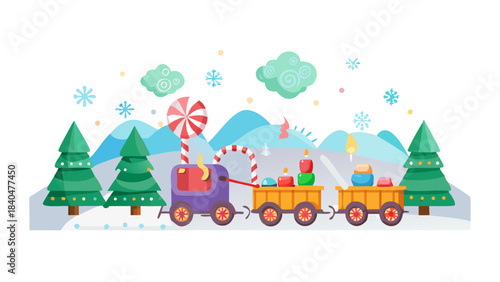 A cheerful Christmas train puffing candy-cane smoke as it travels through sugar mountains, lollipop trees, and glowing gumdrop tunnels.