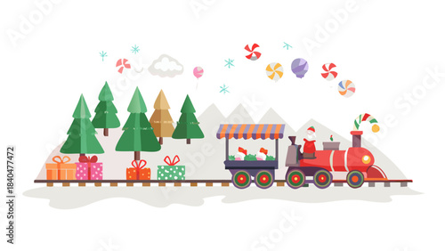 A cheerful Christmas train puffing candy-cane smoke as it travels through sugar mountains, lollipop trees, and glowing gumdrop tunnels.