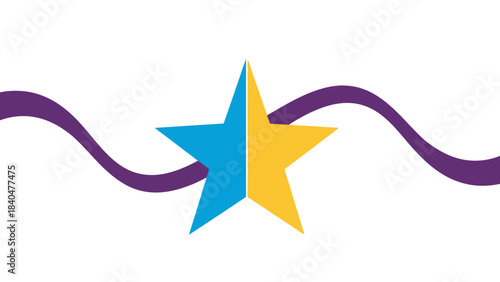 A graphic illustration featuring a blue and yellow split star with two wavy purple lines extending horizontally on a white background.