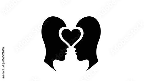 Two black silhouette profiles of human heads facing each other with a white heart shape connecting their foreheads.