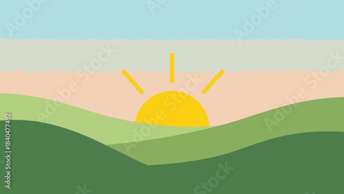 A stylized illustration of a sunrise over rolling green hills with a soft pastel sky.