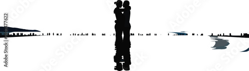 Black silhouette of a romantic couple hugging and kissing passionately on the horizon above a reflective body of water, symbolizing love, relationship, and togetherness vector illustration.