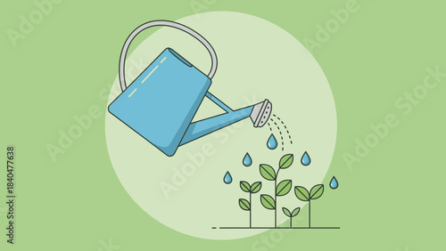 A blue watering can is shown pouring water onto small green plants growing in a garden.