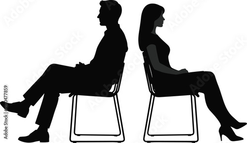 Black silhouettes of a man and woman sitting back-to-back in chairs, avoiding eye contact, symbolizing relationship problems, conflict, and communication breakdown vector illustration.