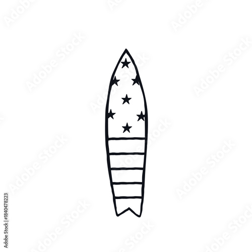 Surfboard logo icon sign. Hand drawn ink sketch. American flag style. Doodle cartoon design. Summer style Fashion print for clothes greeting invitation card flyer banner cover booklet wallpaper poster