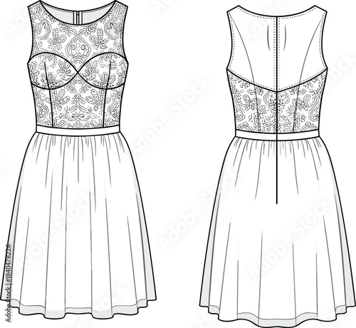 Sleeveless lace dress front and back view, round neckline, gathered skirt, floral embroidery, zipper closure, elegant fashion garment illustration