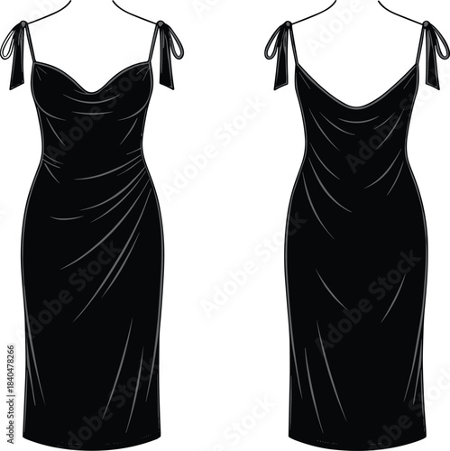 Sleeveless ruched dress front and back view, bow-tie straps, scoop back, fitted silhouette, textured fabric, fashion garment illustration