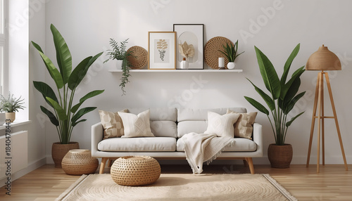 living room with minimalist interior design dominated by neutral colors such as white