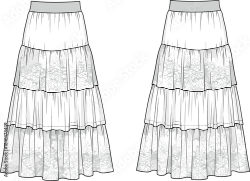 Tiered lace skirt front and back view, gathered layers, floral embroidery, fitted waistband, flared silhouette, fashion garment illustration