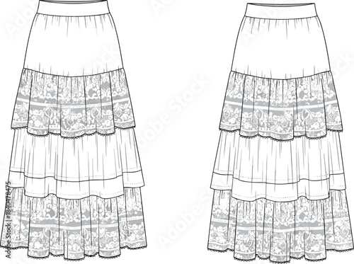 Tiered skirt front and back view, three-layer design, floral lace pattern, flared silhouette, fitted waistband, fashion garment illustration